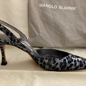 Manolo Blahnik 7.5/38.5 Animal Print Glitter Accents Slingback Pumps